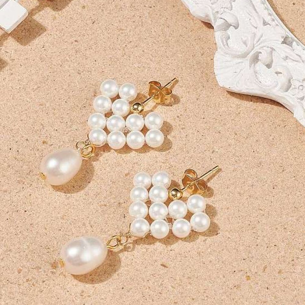Pearl Heart W Pearl Dangle Stud Earrings, Gold Plated Brass Wire Wrap